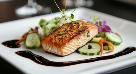 Deliciously grilled salmon fillet served on a plate with fresh vegetables and sauce