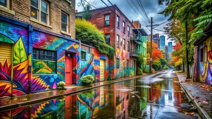 Naklejka na meble graffiti on houses in the rainy city