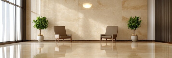 Modern living room interior design with brown marble, featuring two chairs, potted plants, and a large window.  The marble walls create a luxurious and elegant feel, while the natural light from the w