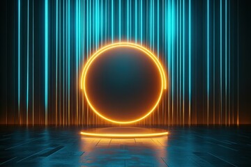 Wall Mural - Futuristic Neon Circle and Blue Light Streaks Background.