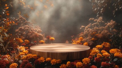 Aufkleber - This enchanting scene features a wooden platform nestled amid a rich display of colorful autumn flowers. Soft mist envelops the area, creating a magical ambiance in the forest.