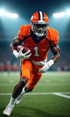 Dynamic football player in an orange jersey sprinting on the field, showcasing athleticism and competitive spirit under stadium lights. Perfect for sports marketing and promotions.