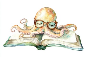 Wall Mural - A whimsical watercolor illustration of an octopus wearing glasses and reading a book. It symbolizes knowledge, imagination, and the joy of reading.