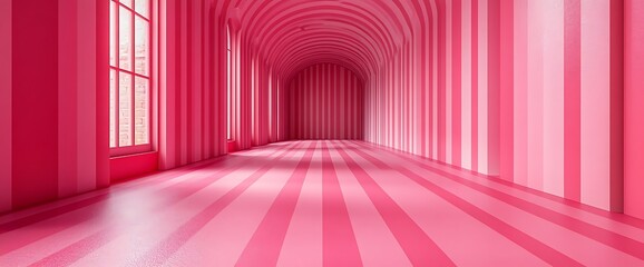 Canvas Print - Pink striped hallway with arched ceiling and a window.