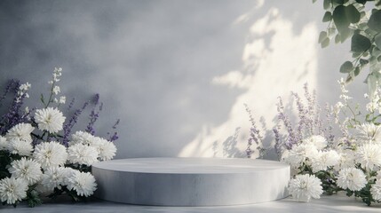 Poster - A circular white pedestal sits in front of a gray wall. White flowers and leafy branches frame the pedestal. Shadows from the branches are cast on the wall behind the pedestal.