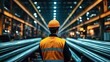 © Orod - A back view of a worker in an orange reflective jacket and safety helmet inside a steel factory, surrounded by metal sheets and industrial machinery in a large manufacturing plant.
