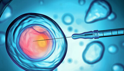 Medical needle injection into human egg cell microscopy detail, IVF In vitro fertilization as imagined by Generative AI