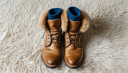 Stylish Brown Leather Boots with Blue Socks on Plush White Rug from Above