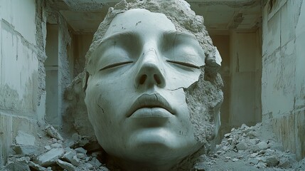 Canvas Print - Stone Face: A Surrealist Sculpture of Decay and Memory