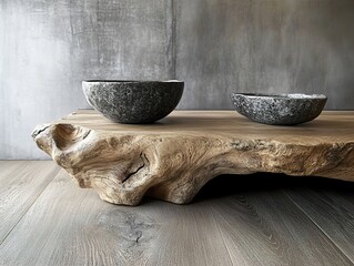 Sticker - Rustic Stone Bowls on a Wooden Tabletop