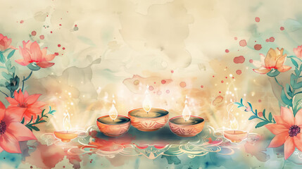 watercolor diwali lamps with floral elements