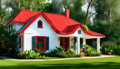 Wall Mural - Charming White House with Red Roof Surrounded by Lush Greenery, Evoking a Cozy Home and a Welcoming, Peaceful Retreat in a Close-Knit Community