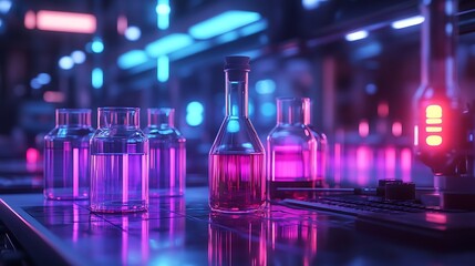 High tech chemical lab equipped with sophisticated glassware and advanced tools neon color photo