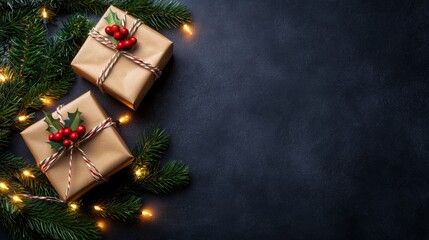 Wall Mural - christmas gift wrapped and new year by pine branches, ornaments, and festive decorations. xmas banne