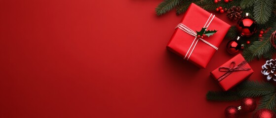 Wall Mural - christmas gift wrapped and new year by pine branches, flat lay top view horizontal banner web poster