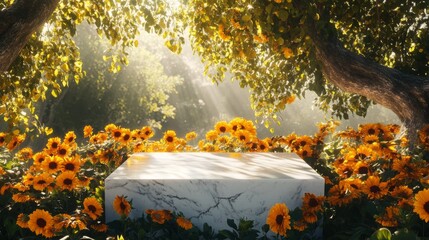 Aufkleber - Sunlight filters through lush trees, illuminating a serene garden filled with vibrant sunflowers. A marble memorial sits peacefully among the blooms, evoking a sense of tranquility and remembrance.
