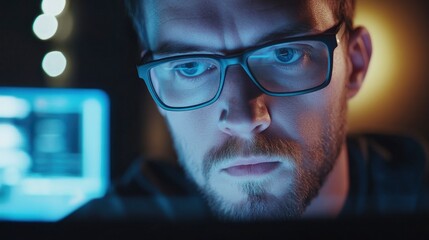 White man in his 30s wearing glasses moving mouse while looking at computer monitor, photography, ultra realistic, with generative ai