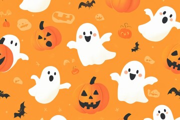 A pattern of cute cartoon ghosts and pumpkins on an orange background, creating a fun Halloween-themed design Generative AI