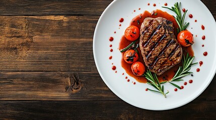 View of a well-done appetizing steak garnished with tomatoes and rosemary from above