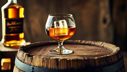 Wall Mural - Elegant whiskey glass and bottle with ice on rustic barrel, showcasing classic old fashioned cocktail with bourbon and bitters.