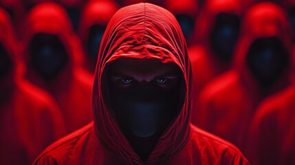 A man in a red hoodie is staring at the camera