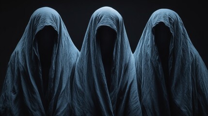 Three people are wearing hoods and standing in front of a dark background