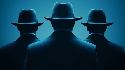 Wall Mural - Three men wearing black hats and suits stand in front of a blue background