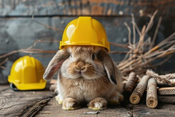 A rabbit wearing a yellow hard hat, generative ai image