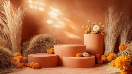 Poster - A warm and inviting arrangement features terracotta circular platforms adorned with vibrant flowers and decorative grasses. The unique textures create a cozy atmosphere perfect for seasonal displays.