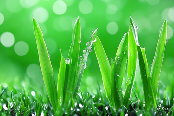 A bunch of green grass with dew drops on them