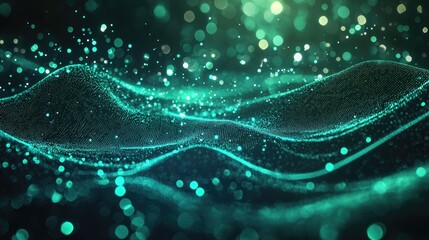 Abstract wave of glowing particles in teal hues