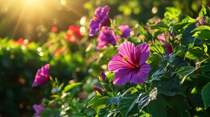 Wall Mural - Purple hibiscus syriacus with green leaves from a low angle