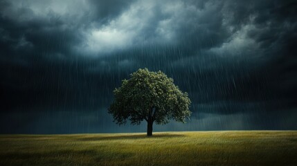Wall Mural - Heavy rain pouring on a lone tree in the middle of an open field, with dark storm clouds gathering in the sky
