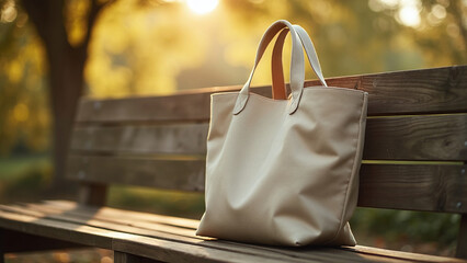 Canvas Print - White Tote Bag with Tan Handles on Wooden Surface