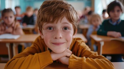 Sticker - Young student sitting at a desk in a traditional classroom setting, great for education or learning themes