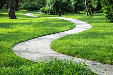 Wall Mural - A serene scene of a sidewalk surrounded by lush greenery, perfect for relaxation or strolling