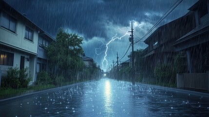 Wall Mural - A deserted street during a rainstorm, with water flowing down the gutters and lightning flashing in the sky