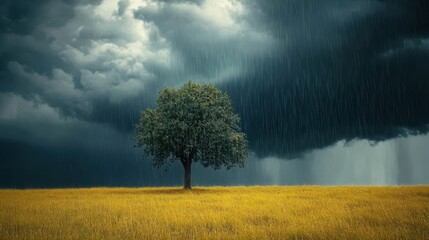 Wall Mural - Heavy rain pouring on a lone tree in the middle of an open field, with dark storm clouds gathering in the sky