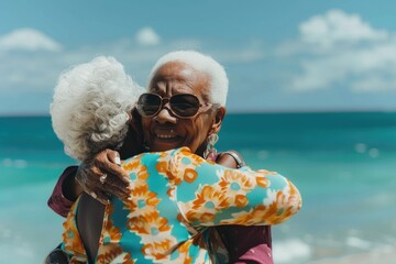 Sticker - A heartwarming moment of intergenerational love and connection on a sunny beach