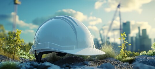 White construction helmet caring about the environment, photorealistic, blue colours