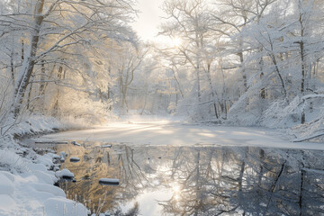 Wall Mural - A snowy forest with a frozen lake in the middle