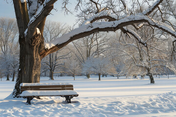 Wall Mural - A bench is covered in snow and is located in a park