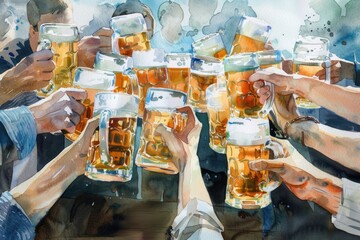 Poster - Group of friends celebrating with beer and toast