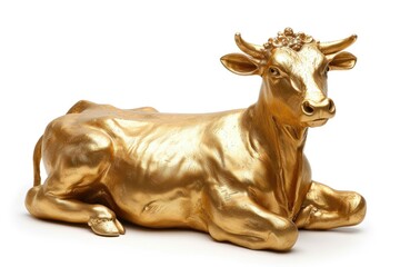 Poster - A golden cow rests on a white surface