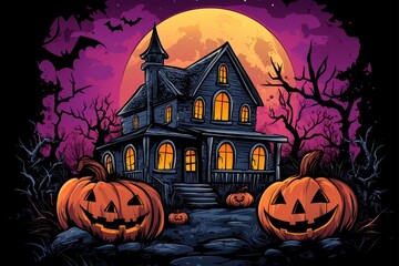 Wall Mural - Halloween haunted house with pumpkins and a full moon, illustration on a black background Generative AI
