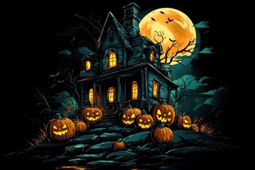 Wall Mural - a spooky haunted house with pumpkins and a full moon on a black background, graphic art for a Halloween shirt print, in a cartoon style Generative AI