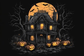 Wall Mural - a haunted house with pumpkins, bats, and a full moon on a black background Generative AI