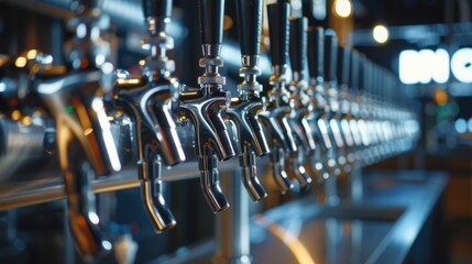 Wall Mural - Row of beer taps in a modern bar setting with a background of wooden paneling and decorative lights