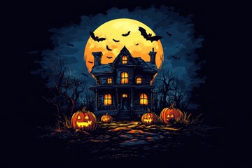 Wall Mural - Halloween haunted house illustration with a full moon, spooky pumpkins, and bats in a dark blue background Generative AI