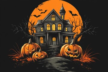 Wall Mural - a spooky haunted house with pumpkins and a full moon on a black background, graphic art for a Halloween shirt print, in a cartoon style Generative AI
